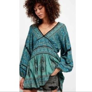 Free People Balloon Sleeve Teal and Black Paisley Tunic